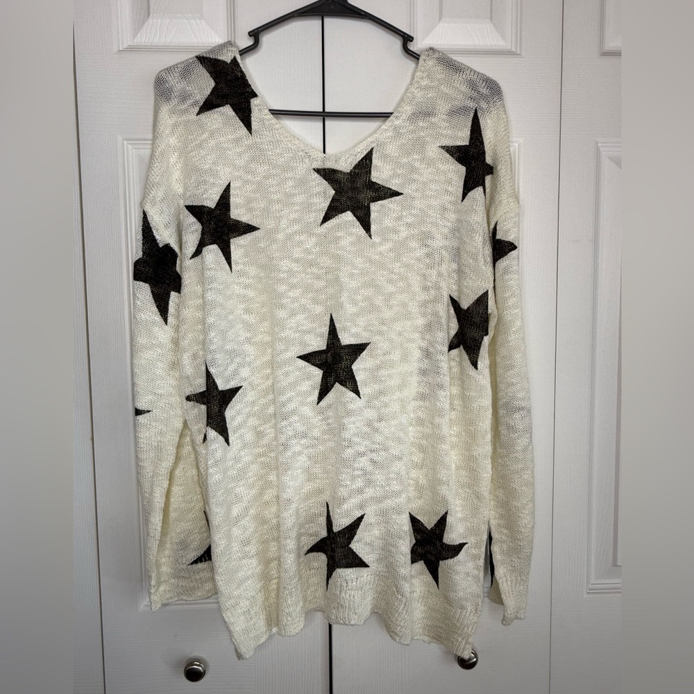 Shooting Star Sweater Open Tie Back Knit Cream Black V- Neck Celestial Sz L